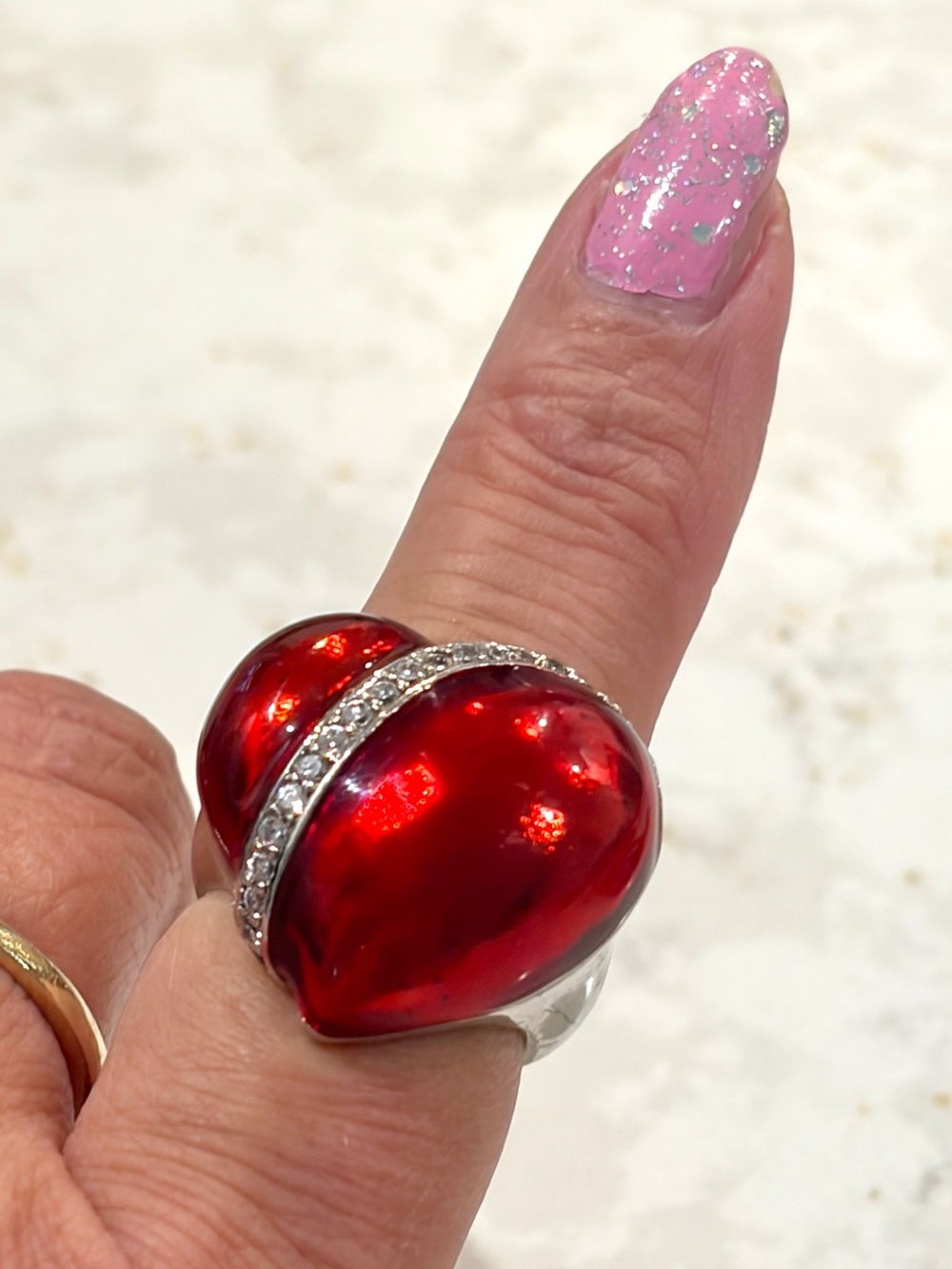 Vintage GUESS Statement Red Enamel and Silver Heart Ring SZ 7